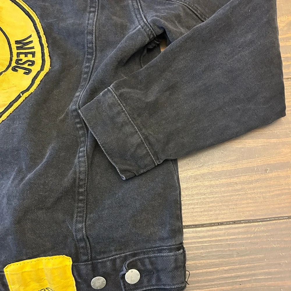 Conspiracy WESC Denim Jacket Unisex Black Smiley Face Trucker Mens m Women’s L - Picture 14 of 15